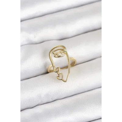 BUĞZ Pirinç Gold Renk Picasso Tarzı Tek Çizgi Yüz Model Kadın Yüzük