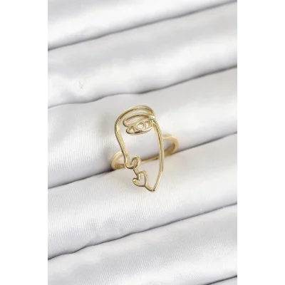 BUĞZ Pirinç Gold Renk Picasso Tarzı Tek Çizgi Yüz Model Kadın Yüzük - BUĞZ