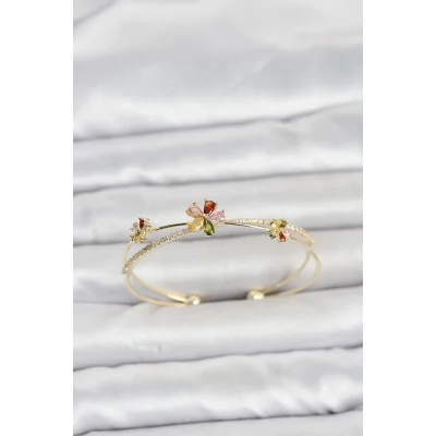 BUĞZ Pirinç Gold Renk Renkli Çiçek Model Kadın Bileklik