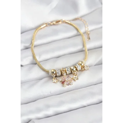 BUĞZ Pirinç Gold Renk Renkli Yıldız Charmlı Kadın Bileklik