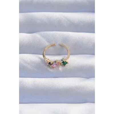 BUĞZ Pirinç Gold Renk Renkli Zirkon Taşlı Ayarlanabilir Yüzük - Lisinya