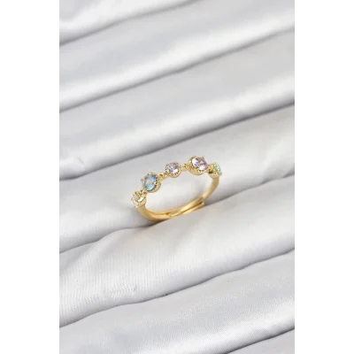 BUĞZ Pirinç Gold Renk Renkli Zirkon Taşlı Kadın Yüzük