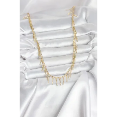 BUĞZ Pirinç Gold Renk Saçaklı Model Kadın Kolye - BUĞZ