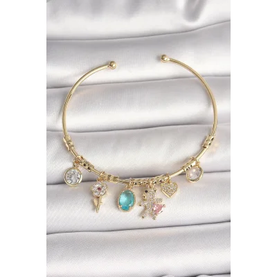 BUĞZ Pirinç Gold Renk Sallantı Zirkon Taşlı AYıcık Figür Kalp Detay Charm Kadın Bileklik