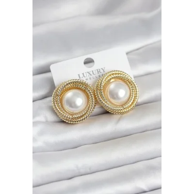 BUĞZ Pirinç Gold Renk Sarmal Model İncili Kadın Küpe