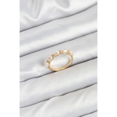 BUĞZ Pirinç Gold Renk Sıralı İncili Kadın Yüzük