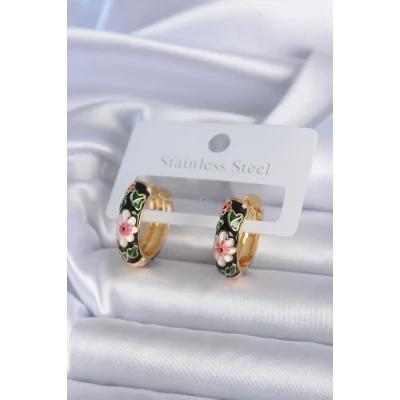 BUĞZ Pirinç Gold Renk Siyah Çiçek İşleme Kadın Küpe