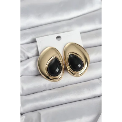 BUĞZ Pirinç Gold Renk Siyah Taşlı Damla Model Vintage Kadın Küpe