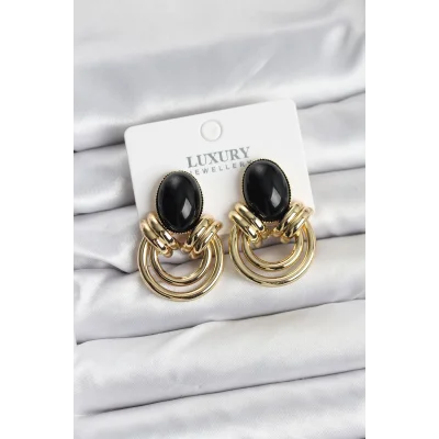 BUĞZ Pirinç Gold Renk Siyah Taşlı Vintage Kadın Küpe