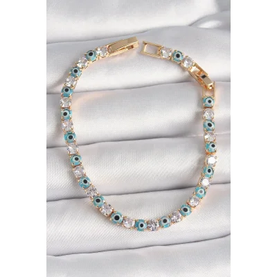 BUĞZ Pirinç Gold Renk Su Yolu Zirkon Taşlı Nazar Boncuklu Kadın Bileklik