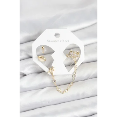 BUĞZ Pirinç Gold Renk Uzay Model Zincir Bağlantılı Ear Cuff Küpe Seti