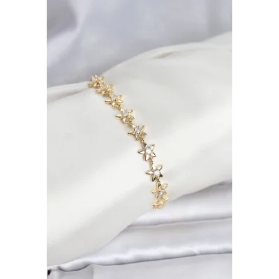 BUĞZ Pirinç Gold Renk VIP Seri Sıralı Taşlı Yıldız Model Zirkon Taşlı Kadın Bileklik