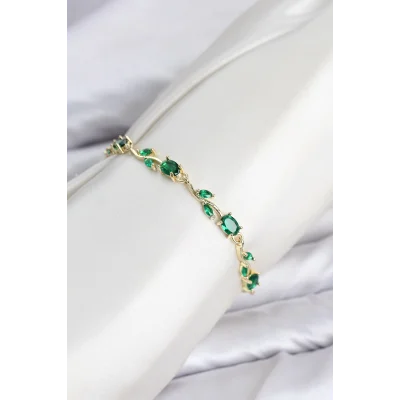 BUĞZ Pirinç Gold Renk Yeşil Zirkon Taşlı Çiçek Model Kadın Bileklik - BUĞZ