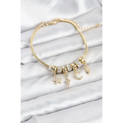 BUĞZ Pirinç Gold Renk Yılan Charmlı Kadın Bileklik