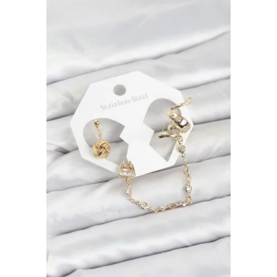 BUĞZ Pirinç Gold Renk Yılan Model Zincir Bağlantılı Ear Cuff Küpe Seti