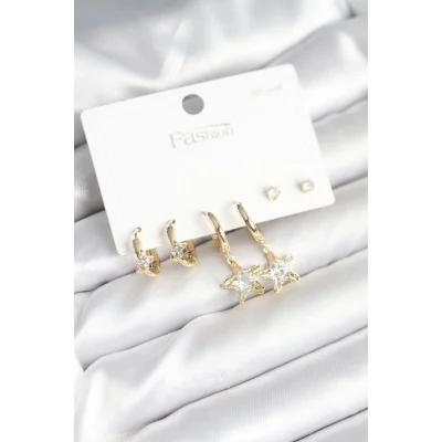 BUĞZ Pirinç Gold Renk Yıldız Model 925 Gümüş Çivili Kadın Küpe Seti