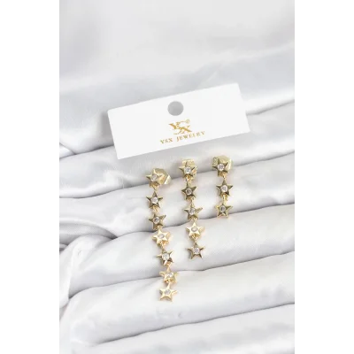 BUĞZ Pirinç Gold Renk Yıldız Model YSX Trio Küpe Seti