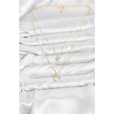 BUĞZ Pirinç Gold Renk Yonca Model 2li Kadın Kolye - Lisinya