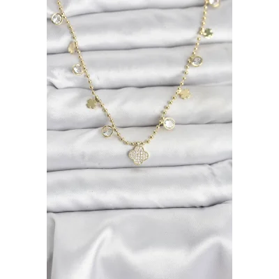 BUĞZ Pirinç Gold Renk Yonca Model Kadın Kolye