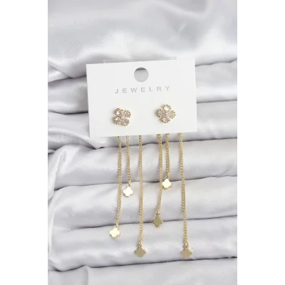 BUĞZ Pirinç Gold Renk Yonca Model Sallantılı Kadın Küpe