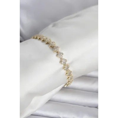 BUĞZ Pirinç Gold Renk Yonca Model Sıralı Zirkon Taşlı Kadın Bileklik