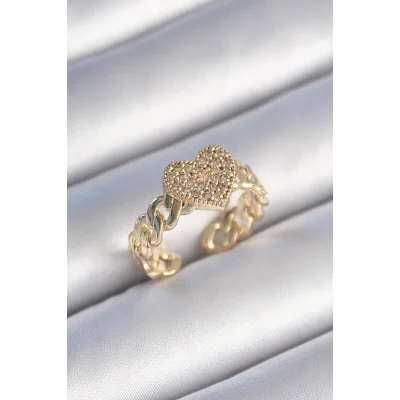 BUĞZ Pirinç Gold Renk Zincir Kordon Zirkon Taşlı Kalp Model Kadın Yüzük