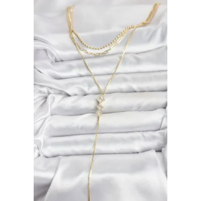 BUĞZ Pirinç Gold Renk Zirkon Taş Detaylı 3lü Kombin Y Kadın Kolye - Lisinya