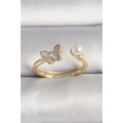 BUĞZ Pirinç Gold Renk Zirkon Taş Detaylı Beyaz Mineli Kelebek Model İnci Detay Ayarlanabilir Yüzük