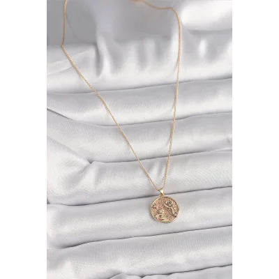 BUĞZ Pirinç Gold Renk Zirkon Taş Detaylı Gül İşleme Madalyon Model Kadın Kolye - BUĞZ