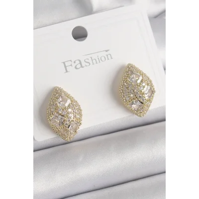 BUĞZ Pirinç Gold Renk Zirkon Taş İşlemeli Damla Model Kadın Küpe