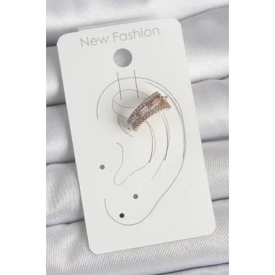 BUĞZ Pirinç Gold Renk Zirkon Taşlı 3Lü Sıralı Model Kadın Kıkırdak Küpe - Lisinya