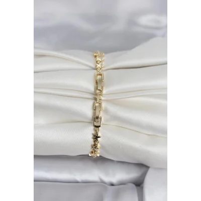 BUĞZ Pirinç Gold Renk Zirkon Taşlı Ay ve Yıldız Model Kadın Bileklik - BUĞZ