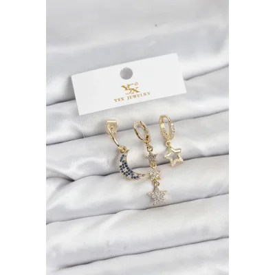 BUĞZ Pirinç Gold Renk Zirkon Taşlı Ay ve Yıldız Model YSX Trio Küpe Seti