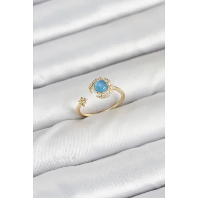 BUĞZ Pirinç Gold Renk Zirkon Taşlı Ay Yıldız Kadın Yüzük