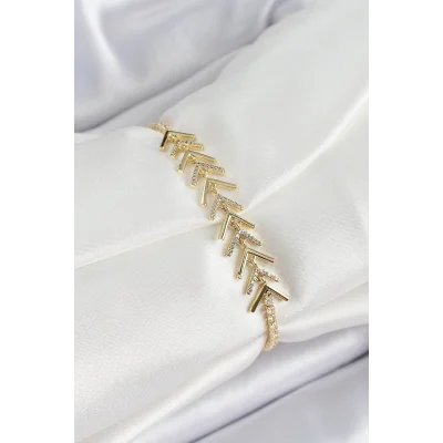 BUĞZ Pirinç Gold Renk Zirkon Taşlı Balık Sırtı Kadın Bileklik - Lisinya