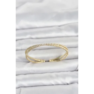 BUĞZ Pirinç Gold Renk Zirkon Taşlı Çapraz Model Kadın Bileklik
