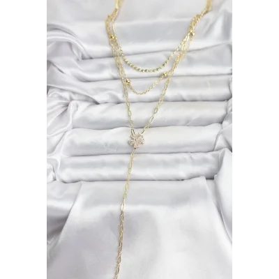 BUĞZ Pirinç Gold Renk Zirkon Taşlı Çiçek Model Detaylı 3lü Kombin Y Kadın Kolye - Lisinya