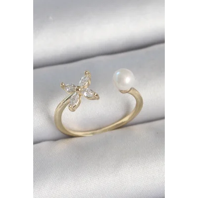 BUĞZ Pirinç Gold Renk Zirkon Taşlı Çiçek Model İnci Detay Ayarlanabilir Kadın Yüzük