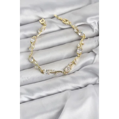 BUĞZ Pirinç Gold Renk Zirkon Taşlı Çiçek Model Kadın Bileklik