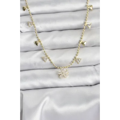 BUĞZ Pirinç Gold Renk Zirkon Taşlı Çiçek Model Kadın Kolye