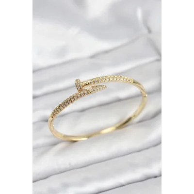 BUĞZ Pirinç Gold Renk Zirkon Taşlı Çivi Model Kadın Kelepçe Bileklik