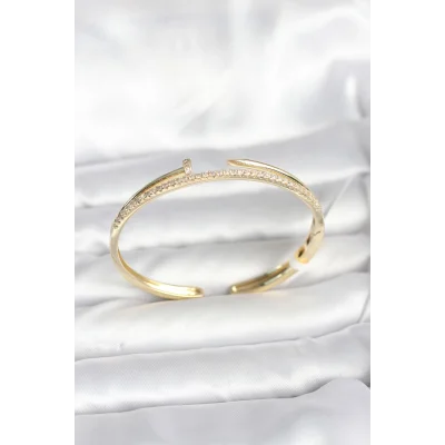 BUĞZ Pirinç Gold Renk Zirkon Taşlı Çivi Model Kadın Kelepçe Bileklik