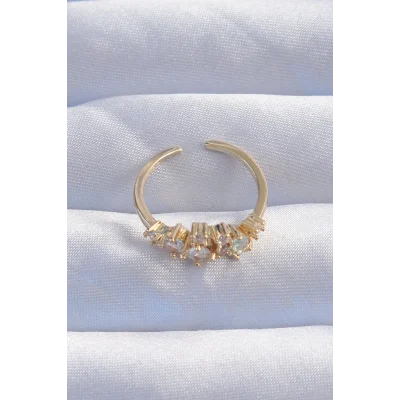 BUĞZ Pirinç Gold Renk Zirkon Taşlı Damla Detay Ayarlanabilir Yüzük - Lisinya