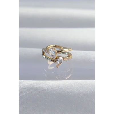 BUĞZ Pirinç Gold Renk Zirkon Taşlı Damla Earcuff Küpe