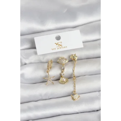 BUĞZ Pirinç Gold Renk Zirkon Taşlı Deniz Temalı 3lü Kadın Küpe
