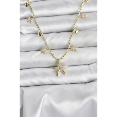 BUĞZ Pirinç Gold Renk Zirkon Taşlı Deniz Yıldızı Model Kadın Kolye