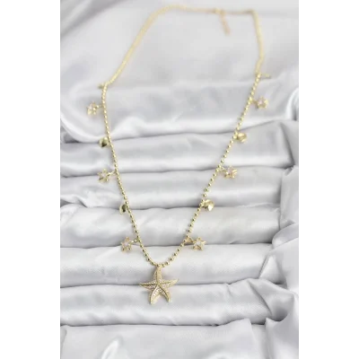 BUĞZ Pirinç Gold Renk Zirkon Taşlı Deniz Yıldızı Model Kadın Kolye - Lisinya