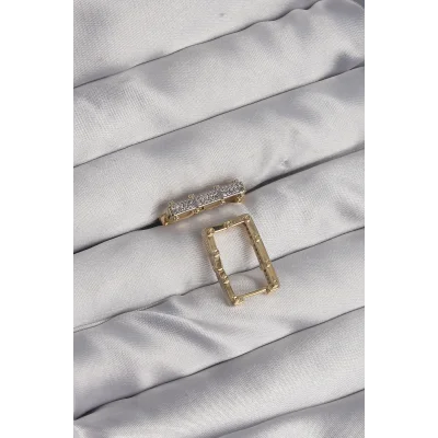 BUĞZ Pirinç Gold Renk Zirkon Taşlı Dikdörtgen Model Seranay Küpe - Lisinya
