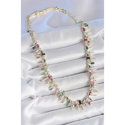 BUĞZ Pirinç Gold Renk Zirkon Taşlı Diken Model VIP Seri Kadın Kolye - BUĞZ