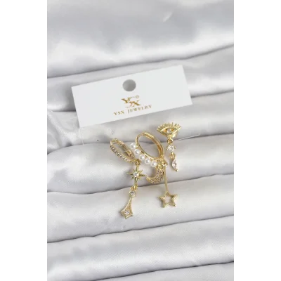 BUĞZ Pirinç Gold Renk Zirkon Taşlı Gece Temalı 3lü Kadın Küpe